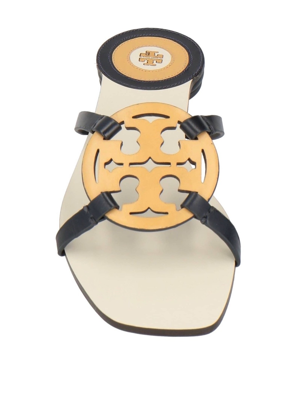 Tory Burch Black and Tan Logo Medallion Slide Sandal
